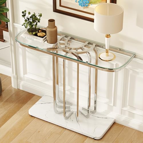 O&K FURNITURE 43" Modern Glass Console Table with Curved Chrome Frame & Faux Marble Base, Silver Narrow Sofa Table for Entryway, Living Room, Hallway, Home Office O&K FURNITURE
