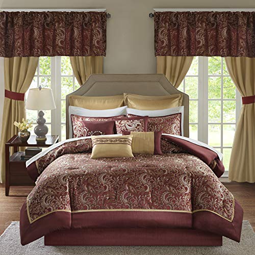 Madison Park Essentials Brystol 24 Piece Room in a Bag Faux Silk Comforter Jacquard Paisley Design Matching Curtains Down Alternative Hypoallergenic All Season Bedding-Set, King (104 in x 92 in), Red Madison Park