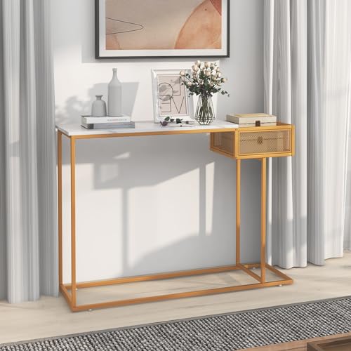 Giantex Narrow Console Table with Storage - Gold Sofa Table with Storage Basket, Sturdy Metal Frame, Modern Entryway Table, Entry Table for Living Room, Hallway, Corridor, Foyer Table, Gold & White Giantex