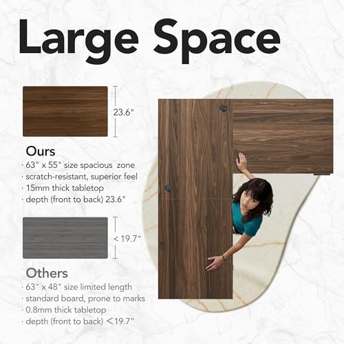 HUANUO Electric L Shaped Standing Desk, 63″x55″ Height Adjustable Corner Computer Desk with 2 Under Desk Drawers & Open Storage Sapce, Sit Stand Up Table with Power Strip Tray & Cable Grommets, Walnut HUANUO