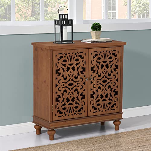Sophia & William Accent Cabinet with Doors, Distressed Storage Cabinet with Wood Frame and Hollow-Carved Floral Doors for Entryway Living Room, Wood Sophia & William