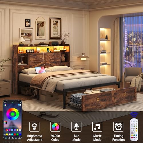 TIGUBFRE Full Bed Frame with 4 Drawers Bookshelf Headboard, Farmhouse Bed Frame with Charging Station & LED Lights, Metal Slats Support, Noise Free, No Box Spring Needed Rustic Brown TIGUBFRE