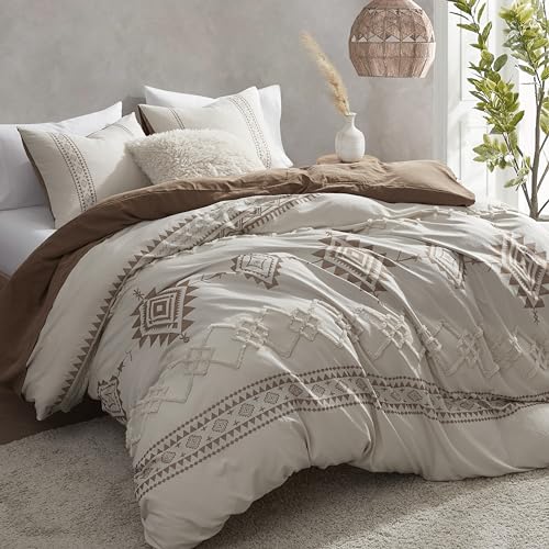 Oli Anderson Boho Duvet Cover Set Queen Size, Beige and Terracotta Color Clash 3 Pieces Microfiber Bedding Set, Durable and Super Soft Duvet Covers with Zipper and Ties, 90"*90" Oli Anderson