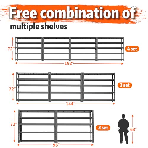 ROOMTEC Garage Shelving, 2800 LBS Capacity Sorage Shelves Heavy Duty, 5 Tier Adjustable Metal Organizer Wire Rack, 48"L x 18"W x 72"H Utility Shelf Unit for Kitchen Pantry (1, 48" L x 18" W x 72" H) ROOMTEC