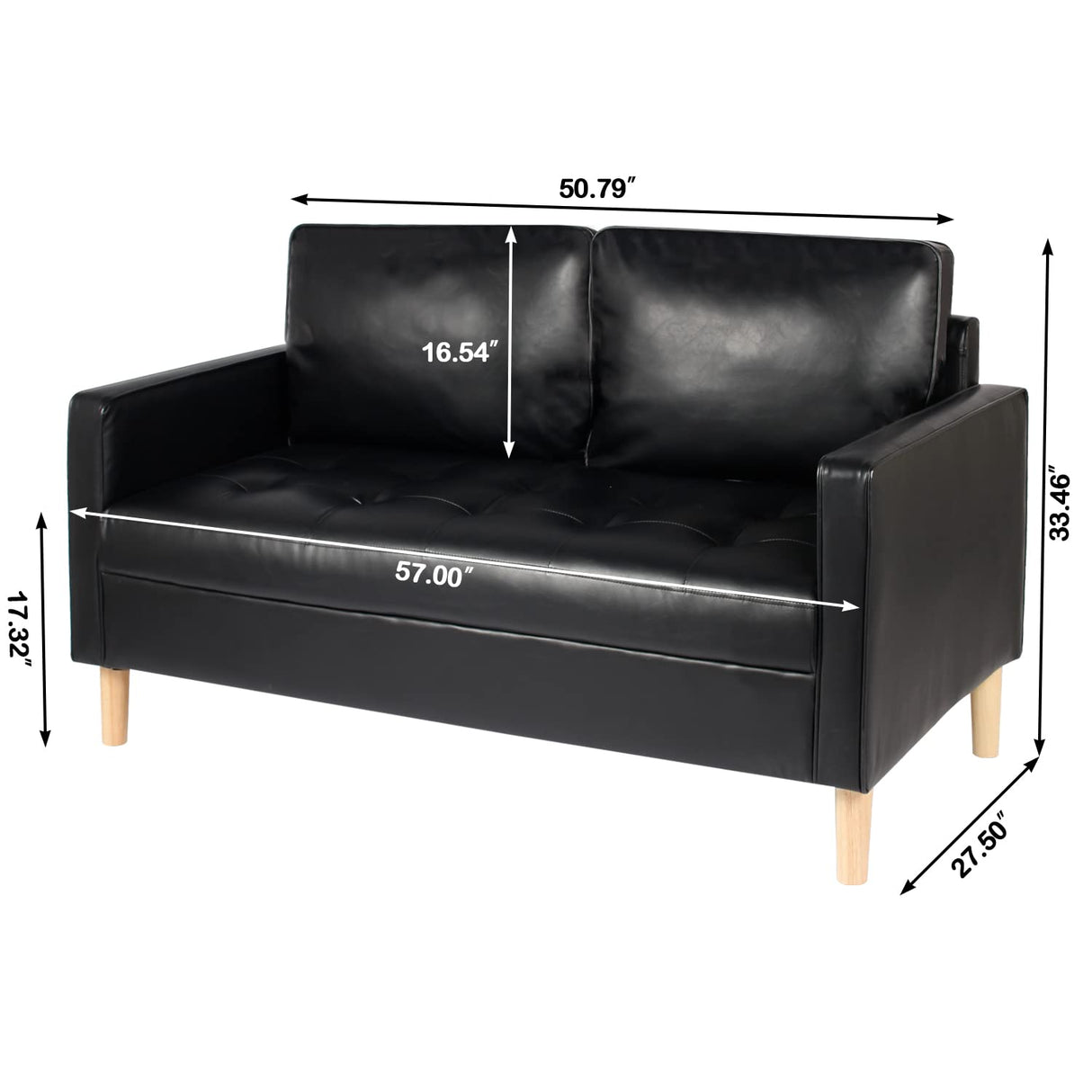 VAMEPOLE 57" Modern Sofa Couch, Black Faux Leather Loveseat for Living Room, Comfy Office Love Seats, Small Couches for Small Space VAMEPOLE