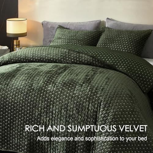 Powdion Velvet Quilt Queen Size, Oversized Bedspread Quilted Bedding Set, Luxurious Soft Coverlet Set Lightweight Velvet Comforter for All Season with Pillow Shams 90x96 Army Green Striped Queen Powdion