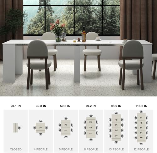 HOMBIX Expandable Dining Table, Transformer Console to Dining Table for 12, Folding Space Saving Dining Room Table with Elegant Marble Top, Marble White HOMBIX