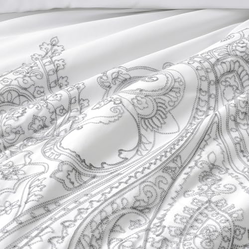 Sunshine Nicole Reversible Comforter Set, Brushed Microfiber Fabric with Embroidery for Front and Printed Microfiber Fabric for Reverse, 3 Pieces Grey White King Sunshine Nicole