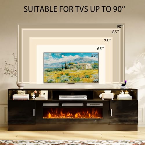 oneinmil 78" Fireplace TV Stand with Power Outlet for TVs Up to 90", Electric Fireplace Entertainment Center with LED Lights & Storage Cabinets, Media Console Table for Living Room oneinmil
