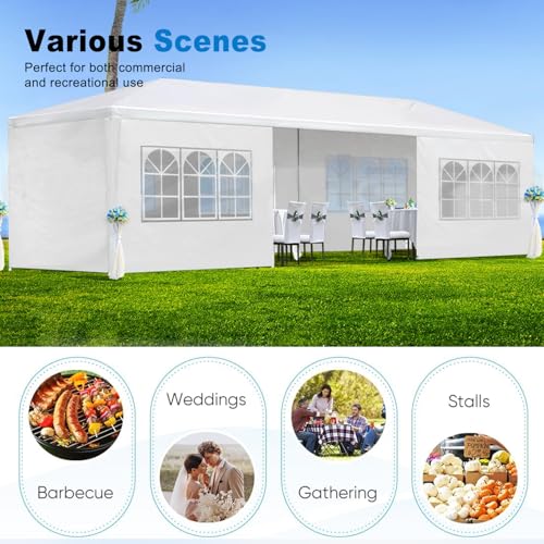 10x30ft Ez Pop up Canopy Tent with 8 sidewalls Easy Up Commercial Outdoor Canopy Wedding Party Tents for Parties All Season Wind & Waterproof Gazebo with Roller Bag (White, 10x30') AYJOIR
