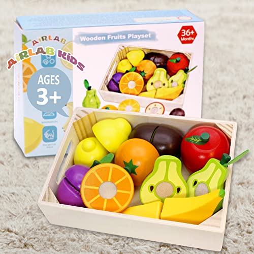 Wooden Play Food for Kids Kitchen Cutting Fruits Toys for Toddlers Pretend Vegetables Gift for Boys Girls Educational Toys Airlab