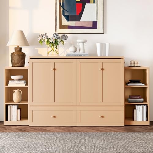 Ball & Cast Murphy Bed Full Size Bed Frame with Spacious Storage Drawers and Open Shelves,Wood Hideaway Beds w/No Box Spring Needed,Slat Support,for Apartment,Bedroom,can be Folded,Golden Ball & Cast