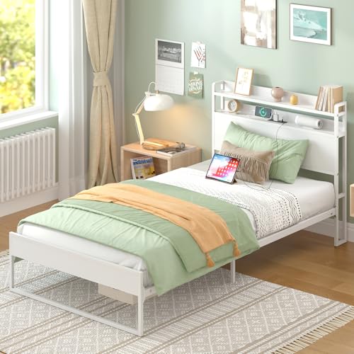 Elephance Twin Bed Frames with Charging Station and Storage Headboard, No Box Spring Needed, Noise Free, Easy Assembly Elephance