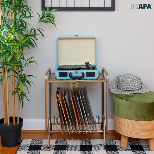 Ilyapa 2-Tier Gold Metal Record Player Stand with 16 Slot Vinyl Record Holder - Honeycomb Design Turntable Shelf with Vinyl Shelf Ilyapa