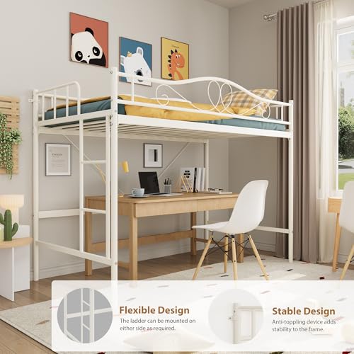 IDEALHOUSE Loft Bed Twin Size with Ladder & Full Safety Guardrail, Heavy Duty Metal Twin Loft Bed 400 Lbs Load Capacity, Space-Saving, Noise Free, No Box Spring Needed, Easy Assembly, Cream White IDEALHOUSE
