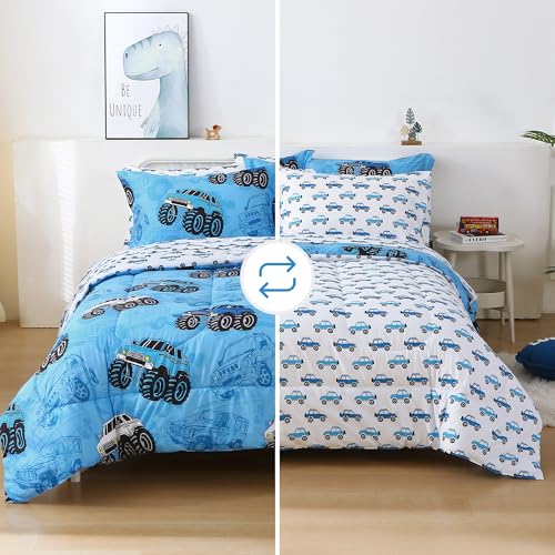 Mooreeke Kids Twin Comforter Sets for Boys 6 Pieces Truck Blue Bedding Set for Teens Soft Microfiber Kids Bed in A Bag with Comforter, Sheet Set, Shams and Decorative Toy Pillow All Season Mooreeke