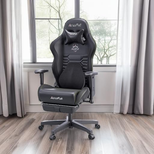 AutoFull Gaming Chair, Racing Style Gaming Chair with Ergonomic Lumbar Support,Adjustable High Back PU Leather PC Chair with Footrest,Black AutoFull