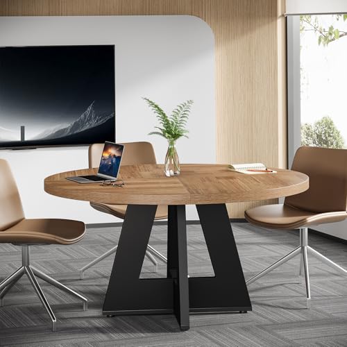 Tribesigns 47-Inch Round Conference Table for 4-6 People, Wooden Meeting Room Table with Thicken Tabletop and Wood Base (Brown+Black) Tribesigns