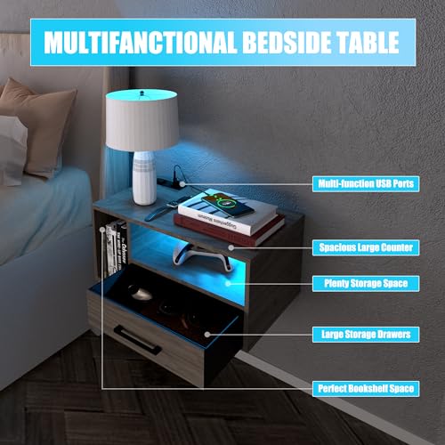 Bloddream Floating Nightstand with Charging Station and LED Light Strips, 21.3" Night Stand with Drawers, Floating Bedside with USB Ports and Outlets, Bedroom Furniture Bloddream