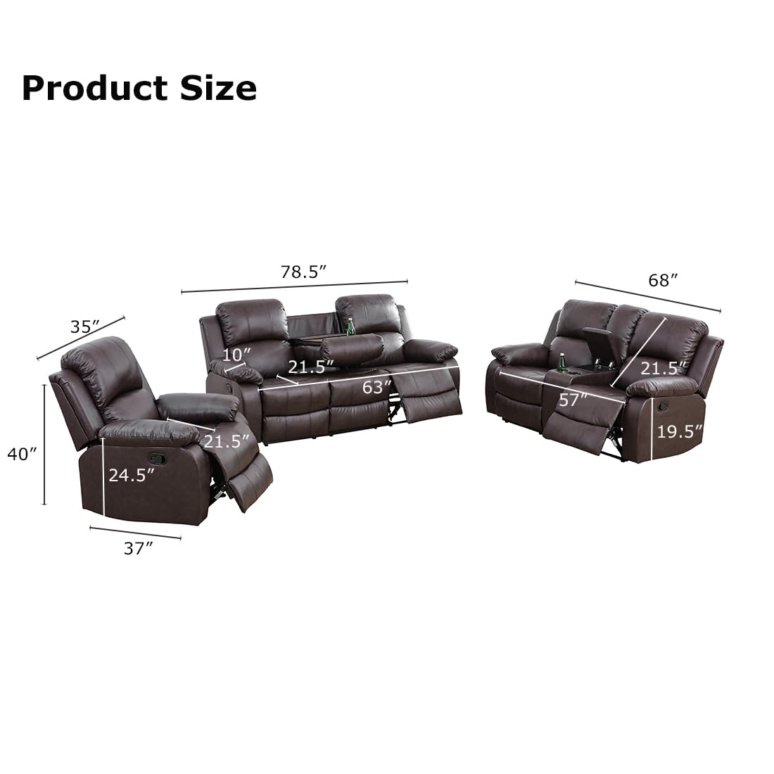 Toseslo Manual Reclining Couch Sofa Set with Drop-Down Table, 3 Pieces Brown Leather Recliner Couch Sets, Living Room Furniture Sets, Recliner Sofa with Storage Console/Cup Holder for Home/Apartment Toseslo