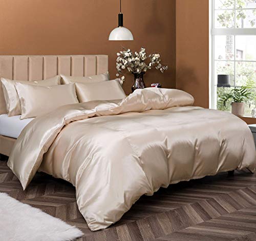 P Pothuiny 5 Pieces Satin Duvet Cover King Size Set, Luxury Silky Like Taupe Duvet Cover Bedding Set with Zipper Closure, 1 Duvet Cover + 4 Pillow Cases (No Comforter) P Pothuiny