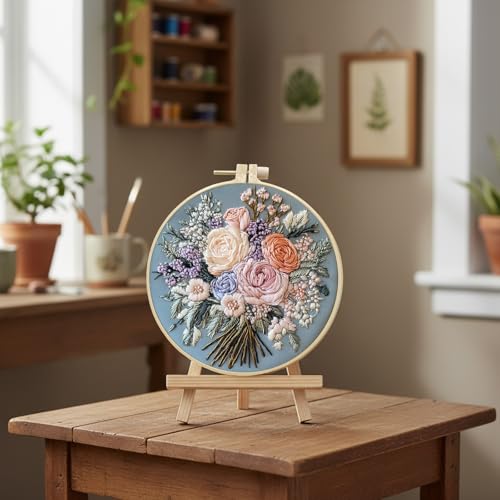 yzARTche Floral Flowers Embroidery Kit for Beginners, Bouquet Pattern Cross Stitch Kits with Hoop, Yarns, Instruction and Threader Tools-3PCS Bouquet-C