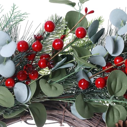 DIYFLORU 20 Inches Christmas Wreath Winter Wreaths Artificial Christmas Wreaths for Front Door Christmas Berry Wreath with Pine Needles Pine Cones Red Berries for Home Window Porch Winter Decorations DIYFLORU