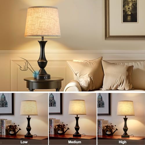 Upgraded Touch Table Lamps Set of 2, 22" Tall Bedside Lamps with USB C+A Ports, 3 Way Dimmable Nightstand Lamps for Bedroom, Living Room, Office, Black Lamps with Beige Lampshade, Bulb Included Luvkczc