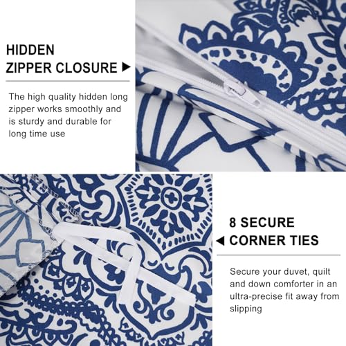 PHF Ultra Soft Paisley Duvet Cover Queen Size, Printed Bedding Set 3 Pieces, Comfy Farmhouse Pattern Duvet Cover Set with 2 Pillow Shams, Zipper Closure and 8 Ties, 90"x90", Royal Blue & White PHF