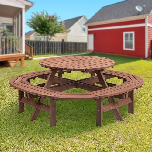 RocVanc 8-12 Person Outdoor Round Wooden Picnic Table with 8 Built-in Benches, Umbrella Hole, Lifetime Outside Table and Bench Set for Garden, Backyard, Porch, Patio and Deck RocVanc