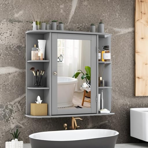Tangkula Bathroom Medicine Cabinet with Mirror, Wall Mounted Home Storage with Door & 6 Open Shelves, Adjustable Shelves, Mirrored Bathroom Wall Cabinet (Gray) Tangkula