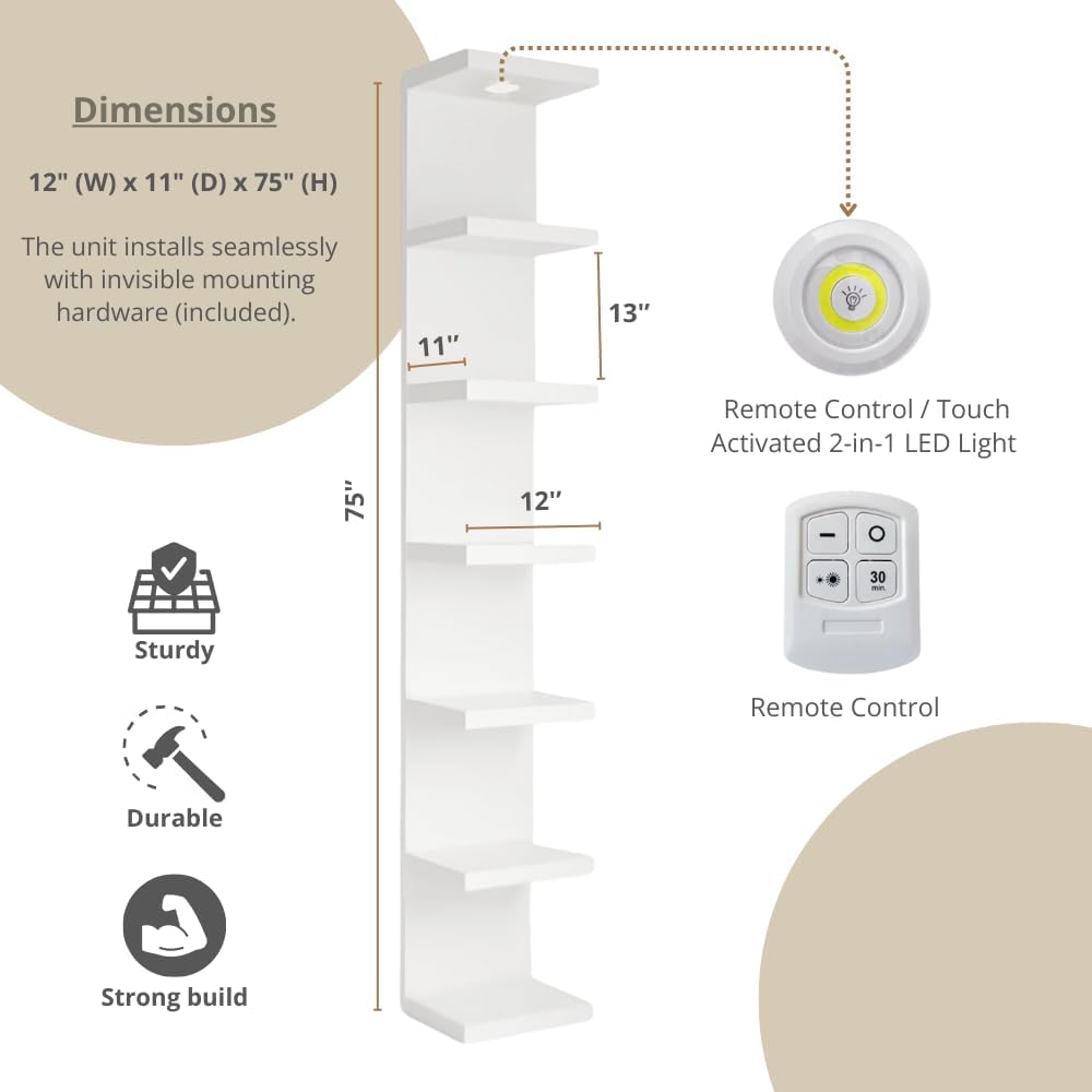 UrbanNook 7-Tier Floating Wall Shelf with LED Lights – White Modern Display Shelving Unit with Remote Control – Wall Mounted Bookshelf for Living Room, Bedroom, or Office Decor UrbanNook