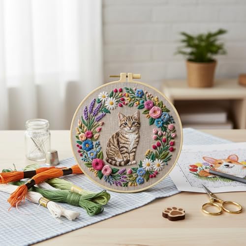 FRANDEK Cute Cat Stamped Embroidery Kit for Beginners Adults, DIY Needlework with Bamboo Hoop Pre-Printed Cotton Fabric, Complete Craft Gift for Women Home Decor