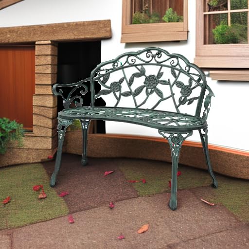 VINGLI 38.5" Patio Park Garden Outdoor Metal Rose Bench,Cast Iron Cast Aluminium Frame Antique Finish Chair,Accented Lawn Front Porch Path Yard Decor Deck Furniture for 2 Person Seat(Green&Black VINGLI