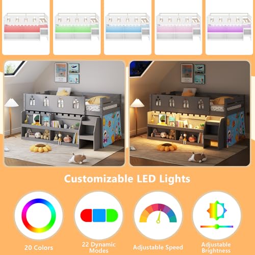JOYMOR Low Loft Bed Twin Size with LED Lights, 4 Storage Shelves, Removable Curtain, Kids Wood Loft Bed with 15" H Safety Guardrail, Spave Saving, Mattress Not Included (Gray) JOYMOR