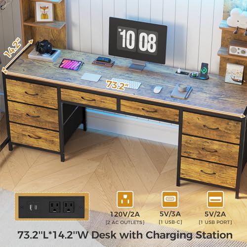 ADORNEVE Twin Loft Bed with Desk and 8 Storage Drawers, Metal Loft Beds Twin with LED Lights & Charging Sation, Storage Shelves & Clothes Rail, Full-Length Guardrail,Rustic Brown ADORNEVE