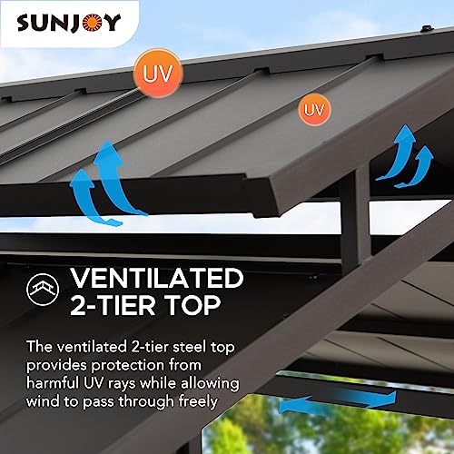 Sunjoy Grill Gazebo 5 ft. x 8 ft. Brown Steel Frame Double Tiered Hardtop Gazebo with Ceiling Hook and Bar Shelves Sunjoy