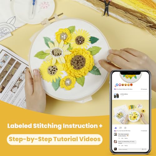 HTVRONT Embroidery Kit for Beginners, 3D Sunflower Embroidery Kits with Step-by-Step Video Tutorials, Simple 5 Stitches Beginner Embroidery Kit for Adults Crafts