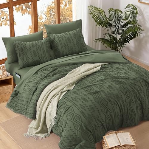 WRENSONGE Queen Comforter Set with Sheets - 7 Pieces Olive Green Tufted Bed in a Bag Queen Shabby Chic Bedding Sets with 1 Comforter, 2 Sheets, 2 Pillowcases & 2 Shams WRENSONGE