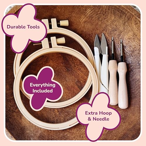 Panellomi Flower Punch Needle Kit for Beginners DIY Punchneedle Embroidery Starter Kit with Yarn, Fabric, Needle Punch Tool, Scissors, and Instructions for 6 Easy Craft Floral Design Coasters