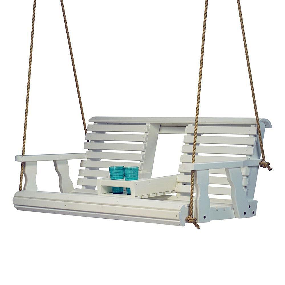 Porchgate Amish Heavy Duty 800 Lb Rollback Console Treated Porch Swing with Hanging Ropes (Semi-Solid White Stain) Porchgate