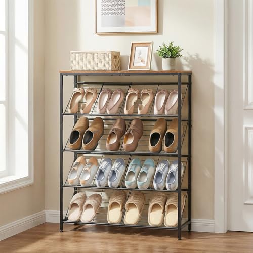 HOOBRO Shoe Rack, 5-Tier Narrow Slanted Shoe Storage Shelf, Slim Shoe Organizer for Front Door Entrance, Garage, Entryway, Holds up to 12-16 Pairs of Shoes, Rustic Brown and Black BF20XJ01 HOOBRO