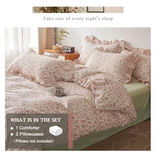 VM VOUGEMARKET Red Flower Comforter Set Queen Aesthetic Bedding Set Garden Style Blooming with Ruffle Pillow Shams for Teen Girls Bed in a Bag Flurry Comforter Set-90x90 Inch VM VOUGEMARKET
