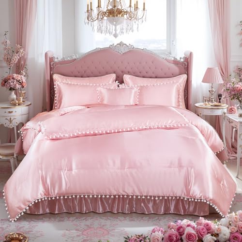 Bedorm Pink Satin Comforter Set 10 Pcs White Pom Pom Bedding Set Queen Size Super Soft Smooth Silk Like Silky Comforter Queen Bed in A Bag with Comforter & Sheet Set & Pillowcase & Bed Skirt Bedorm