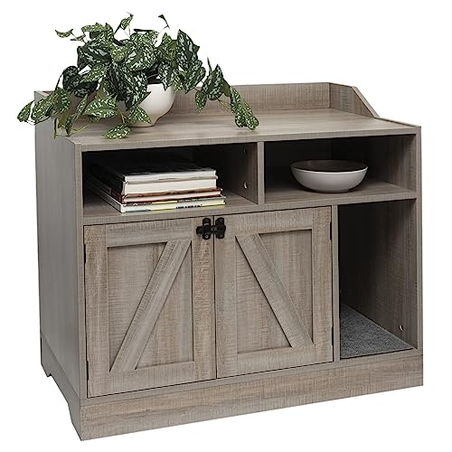 Front Row Cat Litter Box Furniture Enclosure | Wooden Hideaway Litterbox | Magnetic Closure with Metal Latch | Includes Cat Litter Trapping Non-Slip Mat with Scatter Control | Greige FRONT ROW