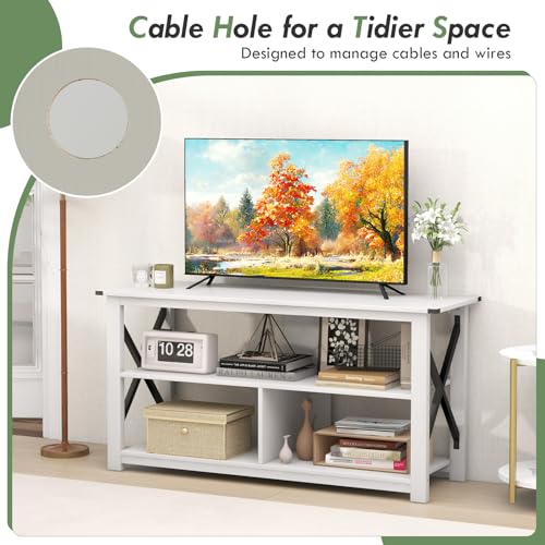 Tangkula Wood TV Stand with Open Shelves and X-shaped Frame, 3 Tier Entertainment Center for 55-Inch TV, Farmhouse TV Console Table, Open TV Stands for Living Room Bedroom (White) Tangkula