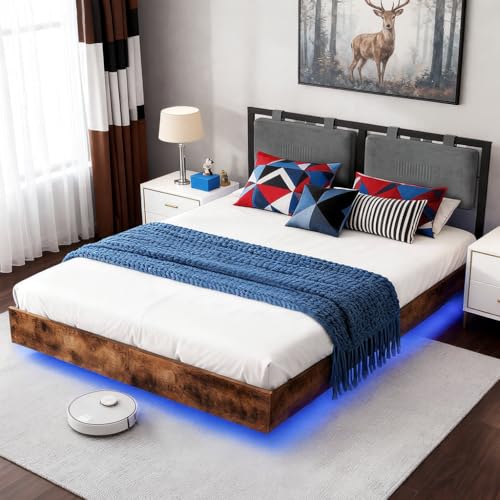 LUCKLIFE Floating Bed Frame Queen Size, with Adjustable Headboard and Smart LED Lights, Upholstered Bed Frame with RGB Lights, Modern Metal Bed, Easy Assembly, Under-Bed Storage, Bedroom LUCKLIFE