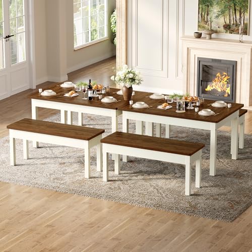 LITTLE TREE Dining Table Set for 4, Small Space Saving Farmhouse Kitchen Chairs, Compact 3-Piece Kitchen and Dining Room Furniture with 2 Wood Benches LITTLE TREE