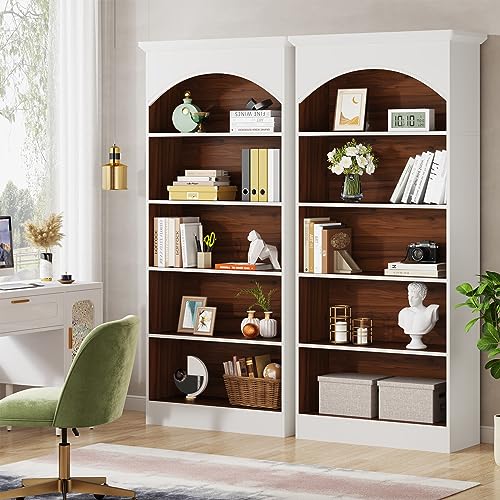 LITTLE TREE 70.9" White & Oak 5-Tier Vintage Bookshelf with Open Shelves LITTLE TREE