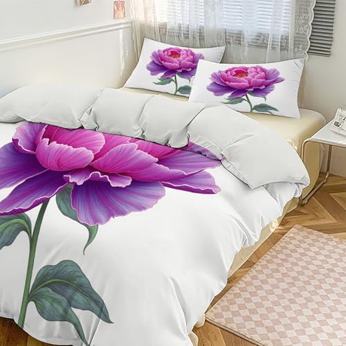 Minimalist Illustrations Duvet Cover Set, Single PeonFlower Printed Bedding with 1 Pillowcases, Twin Microfiber Bed Set for Kids Adults Bedroom Decor, Pinkish-Purple Generic
